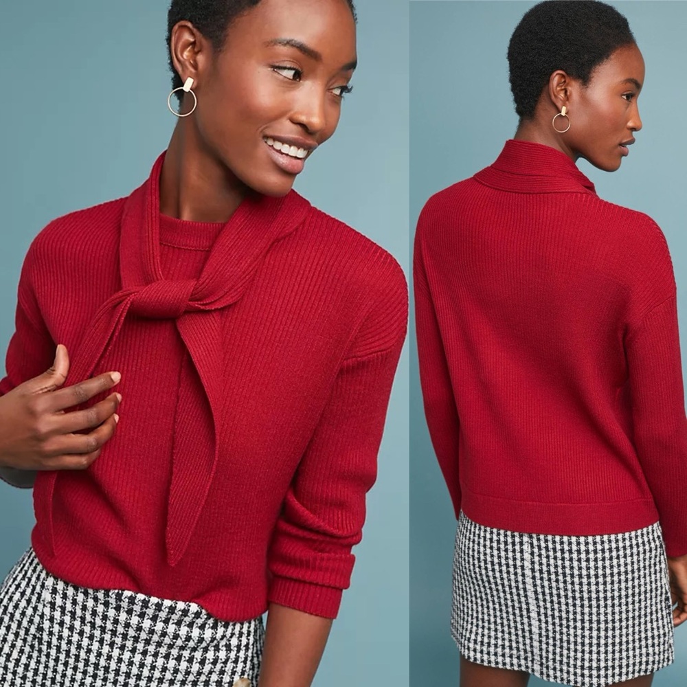 Anthropologie MOTH Woman’s Red Central Park Neck-Tie Sweater — Size Medium